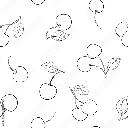 Beautiful seamless pattern cartoon black and white outline cherry, symbol of summer. design for holiday greeting card and invitation of seasonal summer holidays, beach parties, tourism and travel.