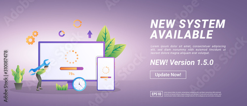Updating system concept. The process of upgrading to System Update, replacing newer versions. Suitable for web landing page, marketing, advertising, promotion, banner. Vector illustration