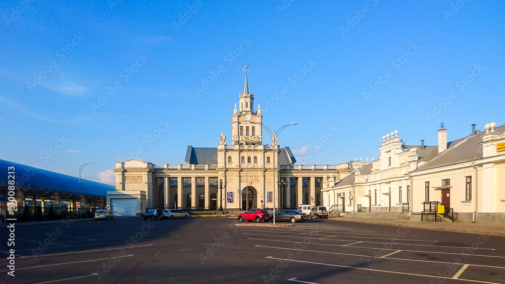 sunset and train station Brest City of Belarus