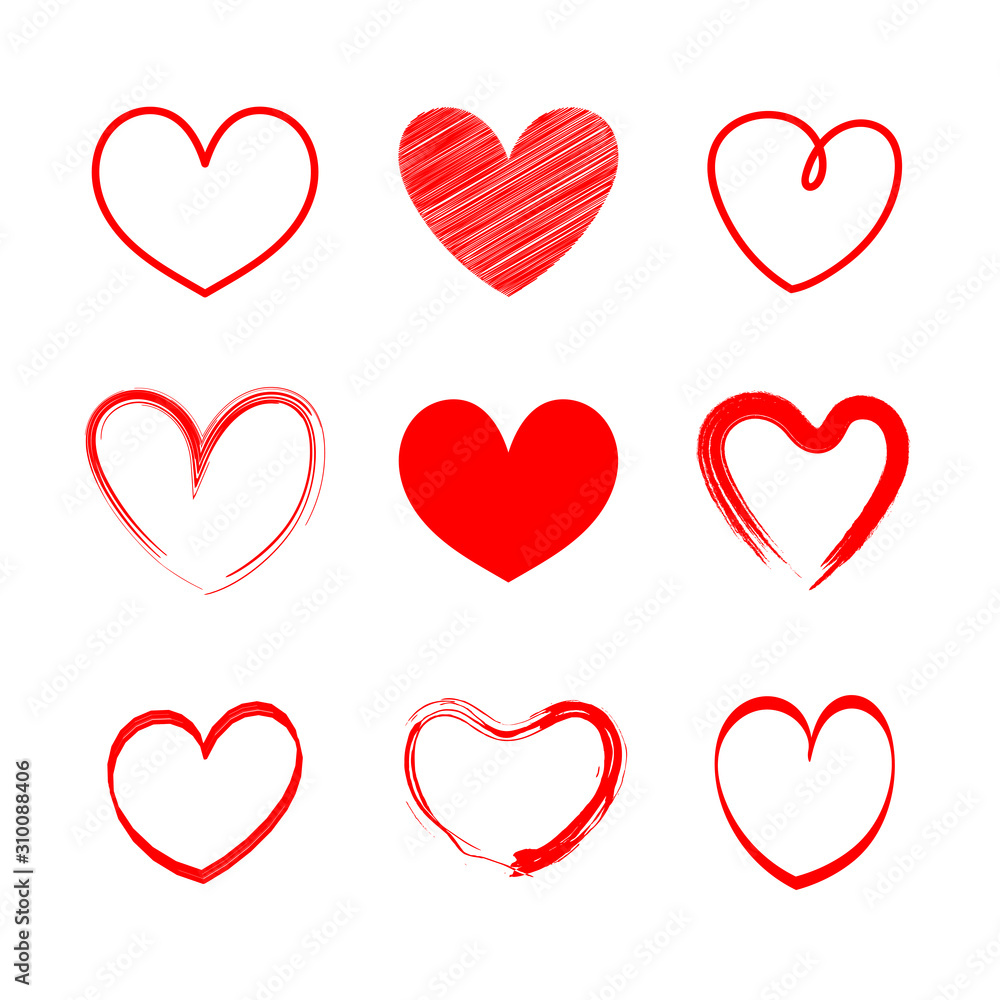 Set vector red heart hand the draw for valentine's day.Brush design on white background.vector illustration.Concept of heart elements for card valentine. Set vector red heart hand the draw for valentine's day.Brush design on white background.vector illustration.Concept of heart elements for card valentine.