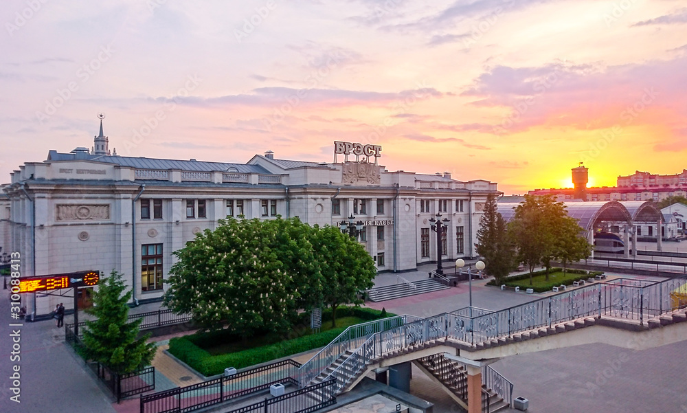 Naklejka premium sunset and train station Brest City of Belarus