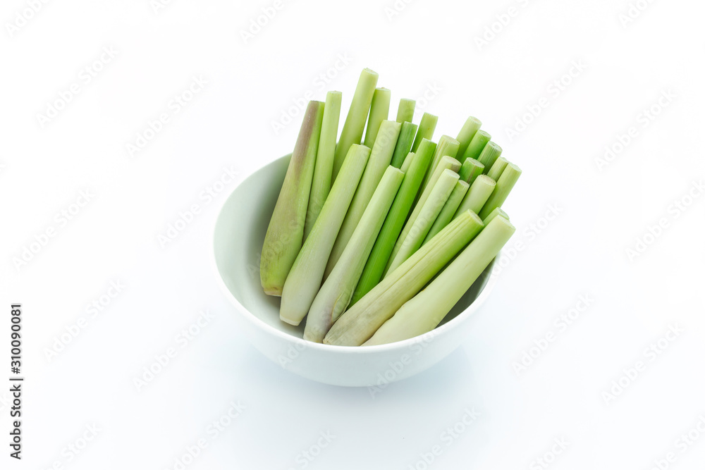 slice lemon grass in bowl on white background. slice lemon grass in bowl on white background.