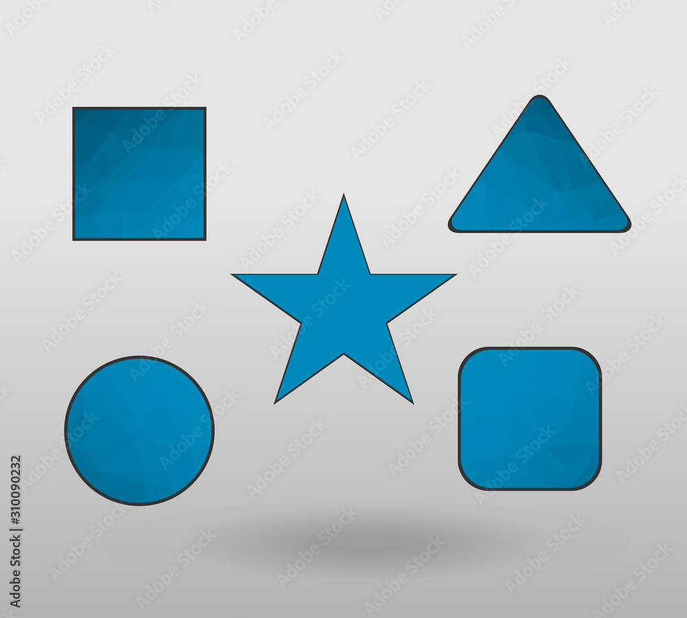 Polygonal geometric figures. Set of design elements with square, Circle, rectangle, star, triangle shape. colorful shape in modern polygonal crystal style on white background. Polygonal geometric figures. Set of design elements with square, Circle, rectangle, star, triangle shape. colorful shape in modern polygonal crystal style on white background.