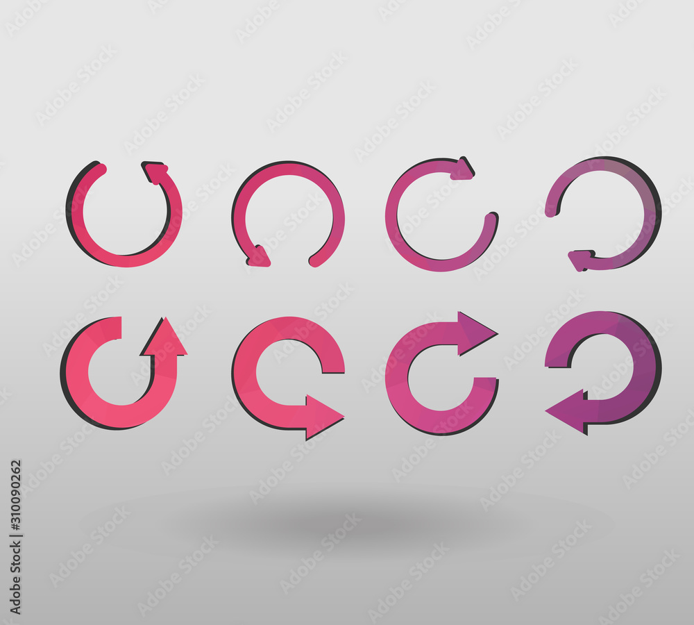 Arrow refresh icon reload sign set with polygonal triangles style. colorful arrow shape in modern polygonal crystal style on white background. Arrow refresh icon reload sign set with polygonal triangles style. colorful arrow shape in modern polygonal crystal style on white background.
