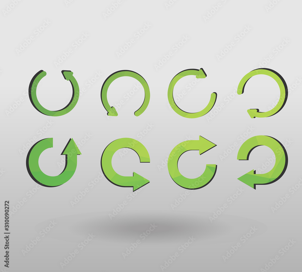Arrow refresh icon reload sign set with polygonal triangles style. colorful arrow shape in modern polygonal crystal style on white background. Arrow refresh icon reload sign set with polygonal triangles style. colorful arrow shape in modern polygonal crystal style on white background.