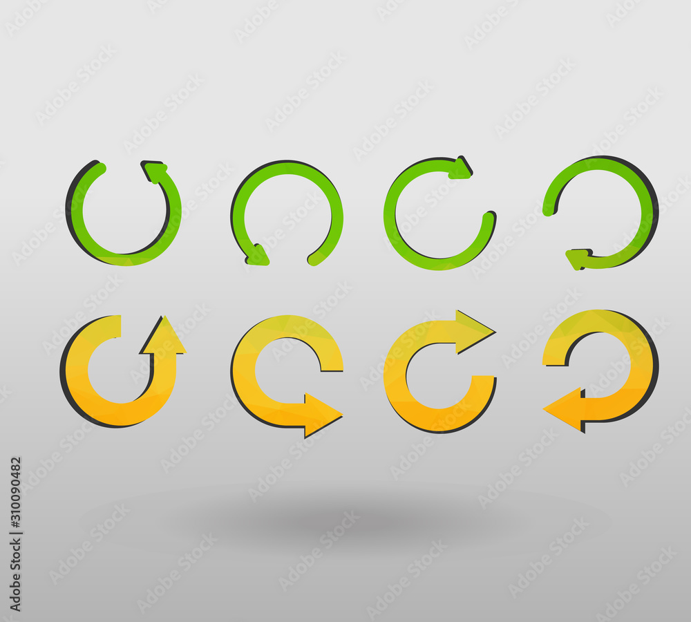 Obraz premium Arrow refresh icon reload sign set with polygonal triangles style. colorful arrow shape in modern polygonal crystal style on white background.