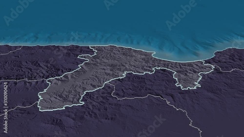 Béjaïa, province with its capital, zoomed and extruded on the administrative map of Algeria in the conformal Stereographic projection. Animation 3D photo