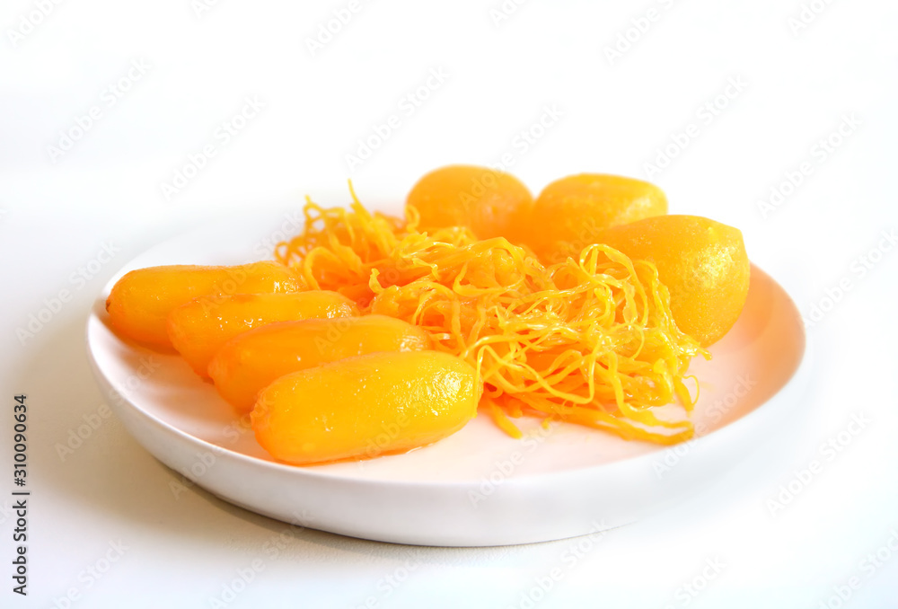 golden threads or foi thong or dessert made from egg yolks or Golden Egg strips or Swing blonded-hair