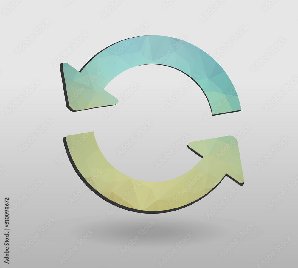 Arrow refresh icon reload sign with polygonal triangles style. colorful arrow shape in modern polygonal crystal style on white background. Arrow refresh icon reload sign with polygonal triangles style. colorful arrow shape in modern polygonal crystal style on white background.