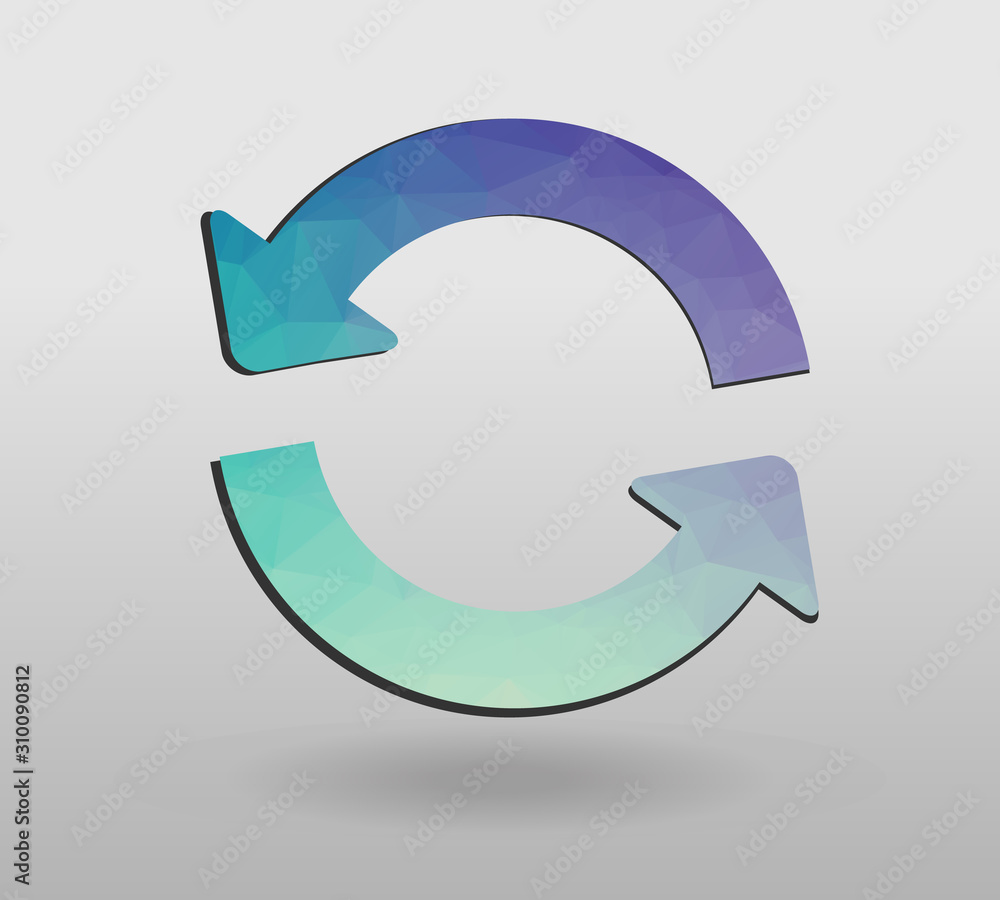 Arrow refresh icon reload sign with polygonal triangles style. colorful arrow shape in modern polygonal crystal style on white background. Arrow refresh icon reload sign with polygonal triangles style. colorful arrow shape in modern polygonal crystal style on white background.