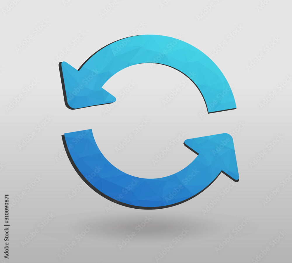 Arrow refresh icon reload sign with polygonal triangles style. colorful arrow shape in modern polygonal crystal style on white background. Arrow refresh icon reload sign with polygonal triangles style. colorful arrow shape in modern polygonal crystal style on white background.