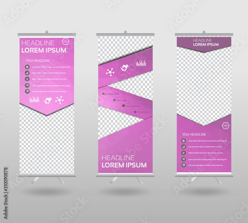Roll Up Banner template and info graphics stand design, advertisement, display, business flyer, polygon background. vector illustration.
