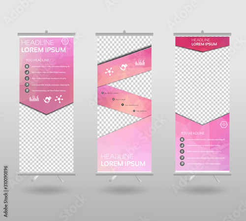 Roll Up Banner template and info graphics stand design, advertisement, display, business flyer, polygon background. vector illustration.
