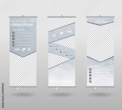 Roll Up Banner template and info graphics stand design, advertisement, display, business flyer, polygon background. vector illustration.