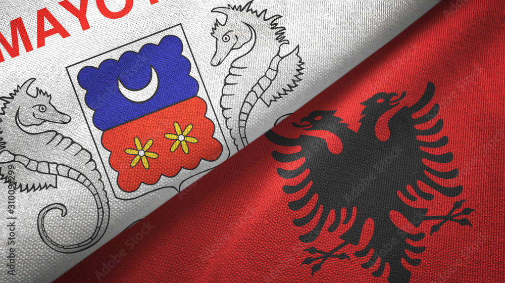 Mayotte and Albania two flags textile cloth, fabric texture Mayotte and Albania two flags textile cloth, fabric texture