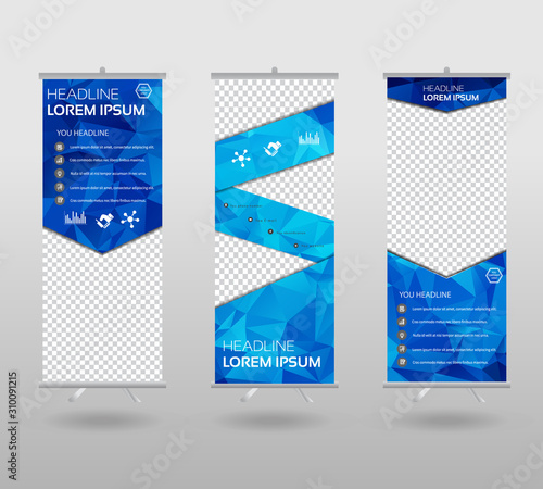 Roll Up Banner template and info graphics stand design, advertisement, display, business flyer, polygon background. vector illustration.
