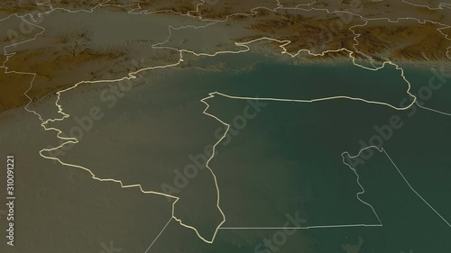 Biskra, province with its capital, zoomed and extruded on the relief map of Algeria in the conformal Stereographic projection. Animation 3D photo