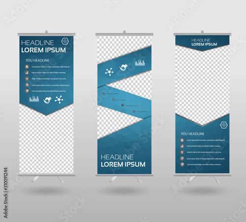 Roll Up Banner template and info graphics stand design, advertisement, display, business flyer, polygon background. vector illustration.