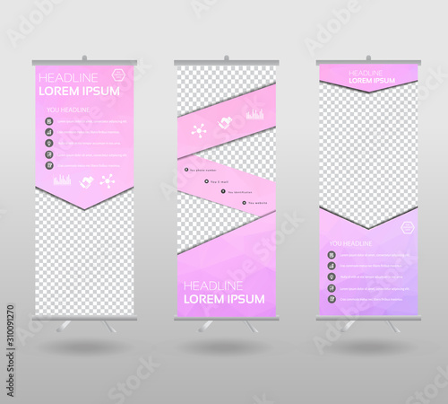 Roll Up Banner template and info graphics stand design, advertisement, display, business flyer, polygon background. vector illustration.