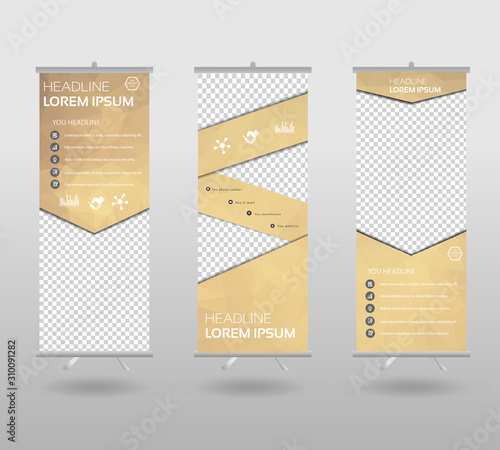 Roll Up Banner template and info graphics stand design, advertisement, display, business flyer, polygon background. vector illustration.