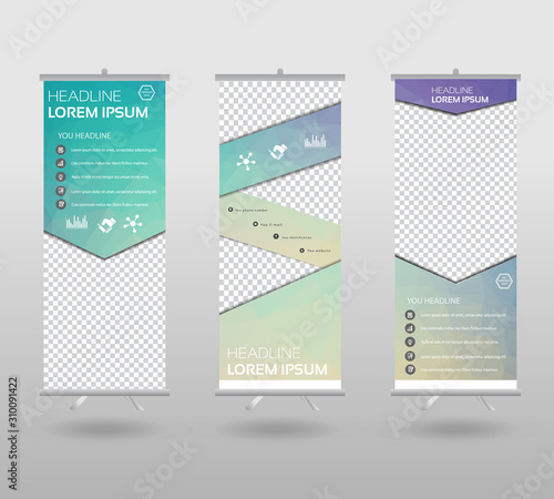 Roll Up Banner template and info graphics stand design, advertisement, display, business flyer, polygon background. vector illustration.