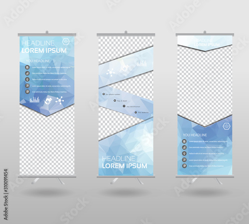 Roll Up Banner template and info graphics stand design, advertisement, display, business flyer, polygon background. vector illustration.