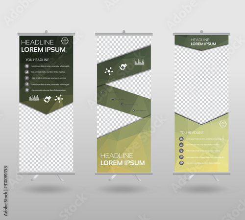 Roll Up Banner template and info graphics stand design, advertisement, display, business flyer, polygon background. vector illustration.