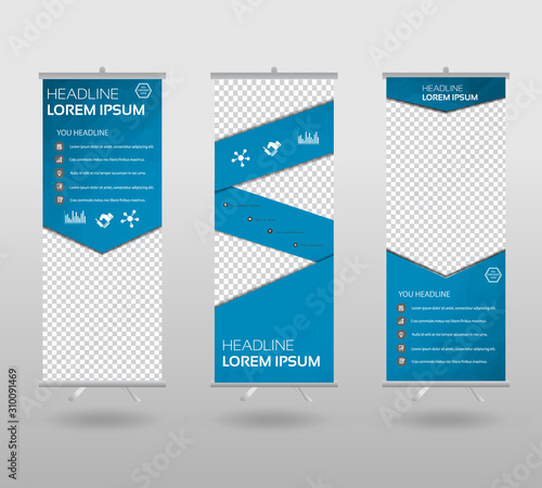 Roll Up Banner template and info graphics stand design, advertisement, display, business flyer, polygon background. vector illustration.