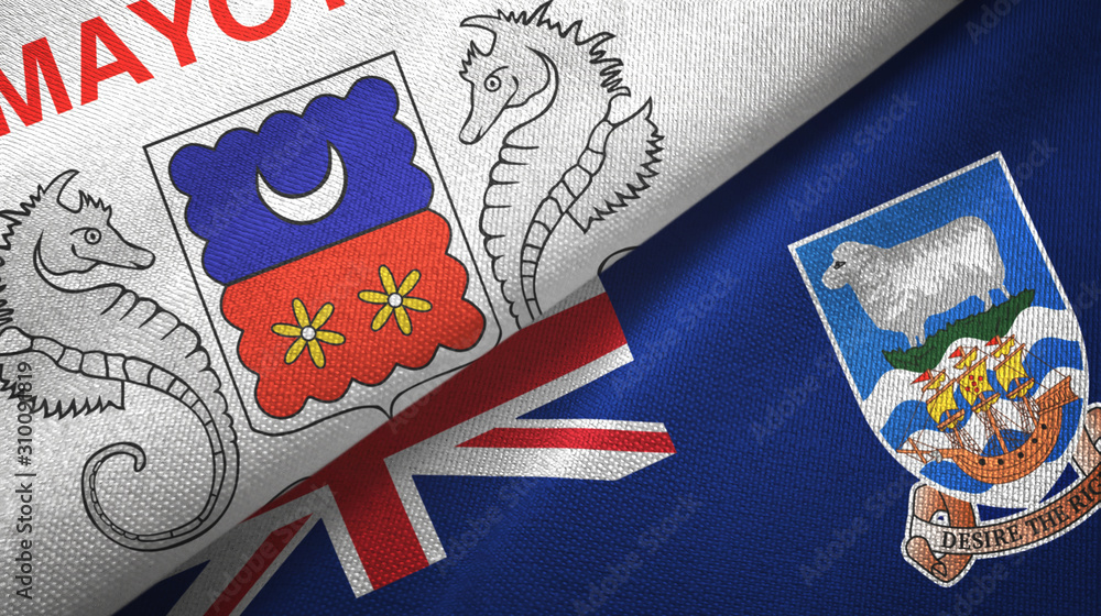 Fototapeta premium Mayotte and Falkland Islands two flags textile cloth, fabric texture