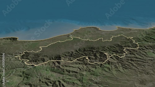 Blida, province with its capital, zoomed and extruded on the satellite map of Algeria in the conformal Stereographic projection. Animation 3D photo