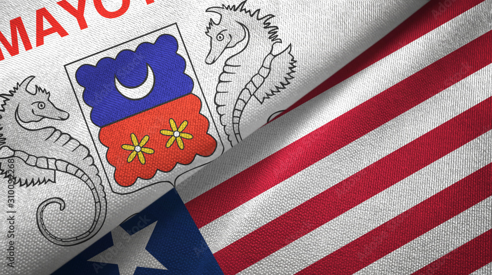 Fototapeta premium Mayotte and Liberia two flags textile cloth, fabric texture