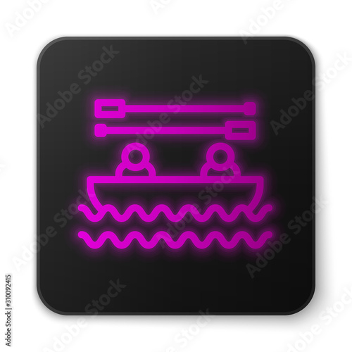 Glowing neon line Boat with oars and people icon isolated on white background. Water sports, extreme sports, holiday, vacation, team building. Black square button. Vector Illustration