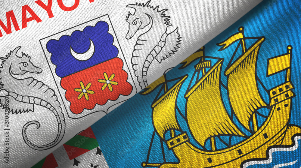 Obraz premium Mayotte and Saint Pierre and Miquelon two flags textile cloth, fabric texture