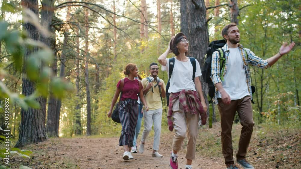 Group of travellers girls and guys with backpacks are walking in forest talking enjoying nature on summer day. Communication, recreation and outdoor activity concept. Group of travellers girls and guys with backpacks are walking in forest talking enjoying nature on summer day. Communication, recreation and outdoor activity concept.