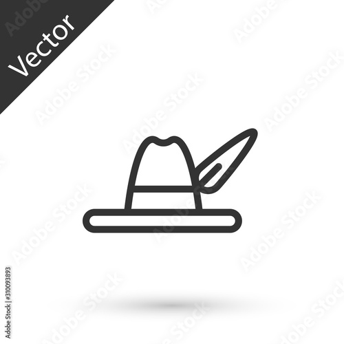 Grey line Oktoberfest hat icon isolated on white background. Hunter hat with feather. German hat. Vector Illustration