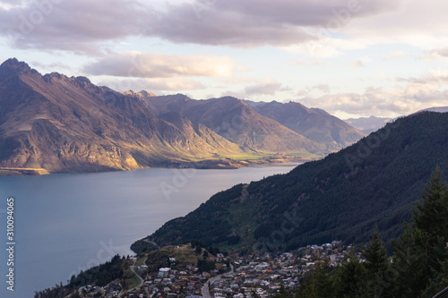 Looking down at Queenstown with beautiful lake from top of Ben Lomond mountain