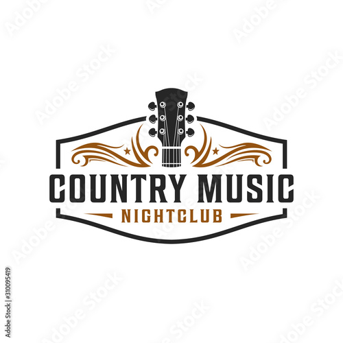 Classic country music, guitar vintage retro logo design photo