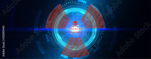 Power reactor with futuristic interface HUD. Abstract technology circle with radiation symbol on a dark and blue background. Futuristic user interface element. Hi-tech background. Vector illustration