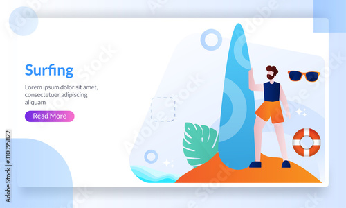 Man with surfboard on a beach, riding a wave on the ocean, summer time vacation, leisure,landing page template for banner, flyer, ui, web, mobile app, poster