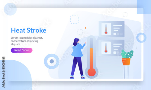 Heat stroke concept, with indicate high temperature heat, drinking water for dehydration prevention health care, landing page template for banner, flyer, ui, web, mobile app, poster
