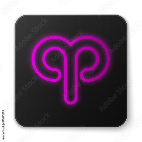 Glowing neon line Aries zodiac sign icon isolated on white background. Astrological horoscope collection. Black square button. Vector Illustration
