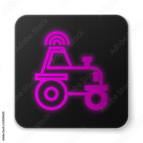 Glowing neon line Self driving wireless tractor on a smart farm icon isolated on white background. Smart agriculture implement element. Black square button. Vector Illustration
