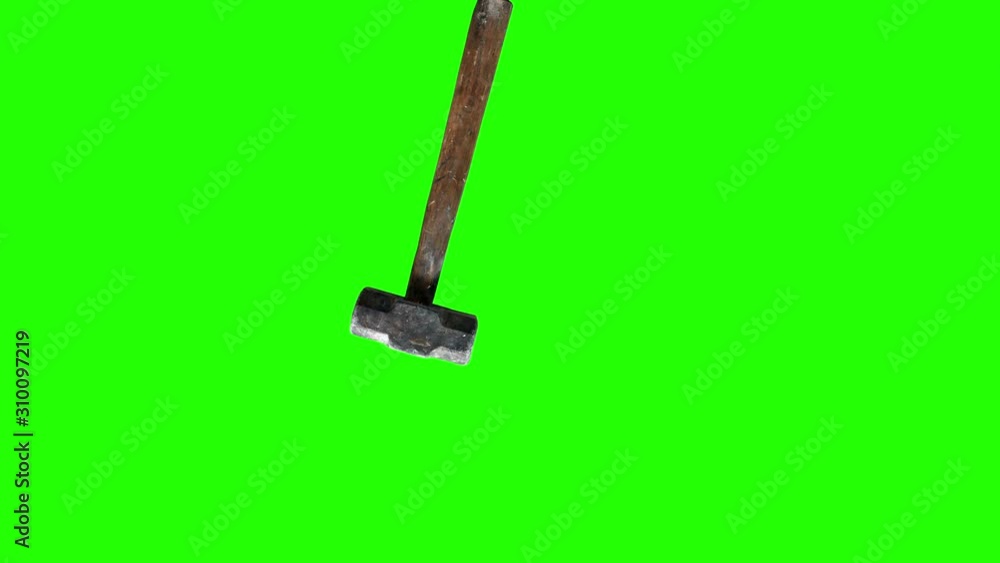 Used vintage hammer tool animation on green screen, chroma key for