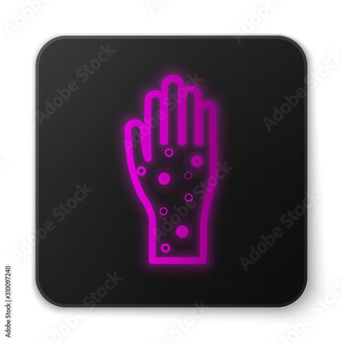 Glowing neon line Hand with psoriasis or eczema icon isolated on white background. Concept of human skin response to allergen or chronic body problem. Black square button. Vector Illustration
