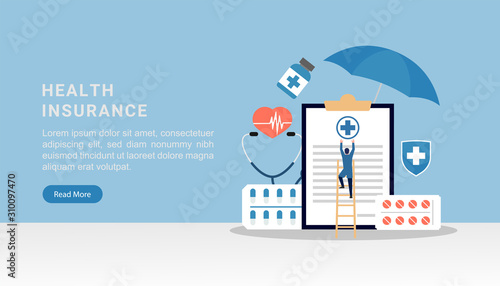 Health insurance concept. Medical research report or contract vector, flat cartoon health or medical record paper. For landing page, internet, printing
