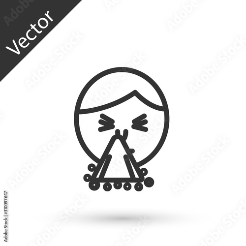 Grey line Man holding handkerchief or napkin to his runny nose icon isolated on white background. Coryza desease symptoms. Vector Illustration