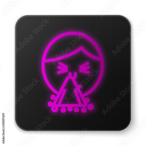 Glowing neon line Man holding handkerchief or napkin to his runny nose icon isolated on white background. Coryza desease symptoms. Black square button. Vector Illustration