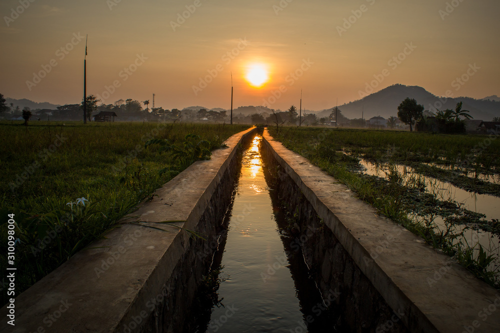 Footpath Amidst Canal Against Sky During Sunset