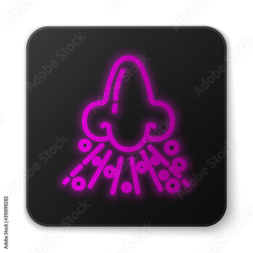 Glowing neon line Runny nose icon isolated on white background. Rhinitis symptoms, treatment. Nose and sneezing. Nasal diseases. Black square button. Vector Illustration