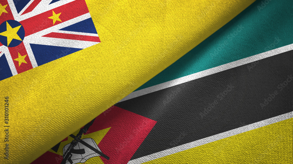 Niue and Mozambique two flags textile cloth, fabric texture